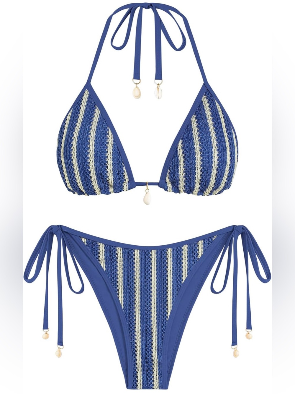 Zaful Blue and Cream Crochet Stripe Tie-Side Bikini